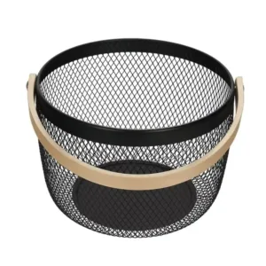 panier à fruits en métal noir avec poignée en bois