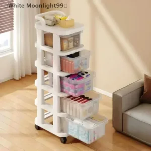 tour de rangement à tiroirs sur roulettes blanche 5 niveaux dans salon