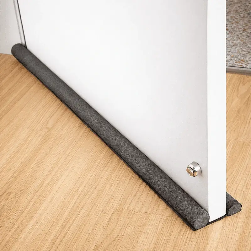 bas-de-porte-etanche-anti-froid-et-poussiere-noir Bas de porte étanche anti froid glissé sous une porte blanche sur sol en bois