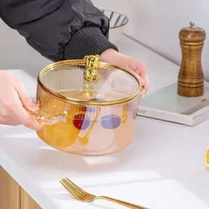 casserole en verre transparente ambre avec couvercle et poignée ours doré