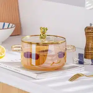 casserole en verre transparente ambre avec couvercle et poignée ours doré