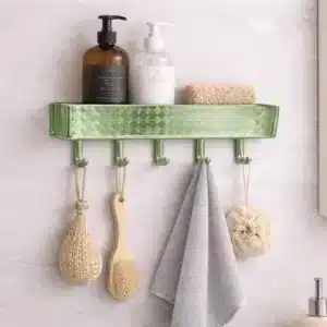 étagère murale salle de bain avec crochets verte pour ranger gels douche et accessoires