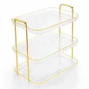 plateau de service 3 niveaux doré et transparent pour desserts fruits maquillage et décoration