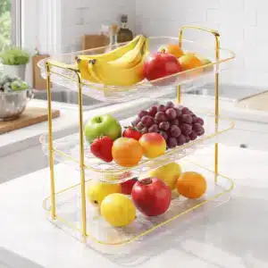 plateau de service 3 niveaux doré et transparent pour desserts fruits maquillage et décoration