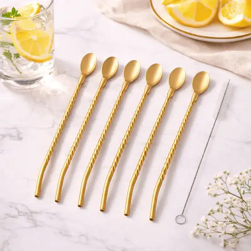 set-de-pailles-cuilleres-ovales-en-inox-dore-reutilisables-6-pieces Set de pailles cuillères en inox doré réutilisables avec goupillon de nettoyage posé sur une table en marbre