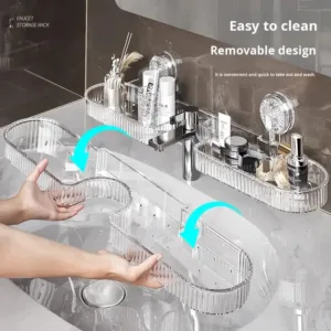 Support évier mural avec ventouse transparent fixé au-dessus du lavabo