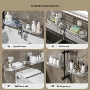 Support évier mural avec ventouse transparent fixé au-dessus du lavabo