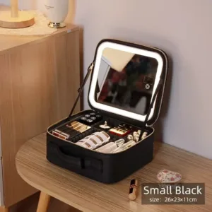Trousse de maquillage avec miroir LED ouvert posée sur une coiffeuse au Maroc