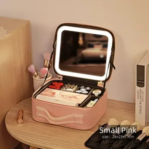 Trousse de maquillage avec miroir LED ouvert posée sur une coiffeuse au Maroc