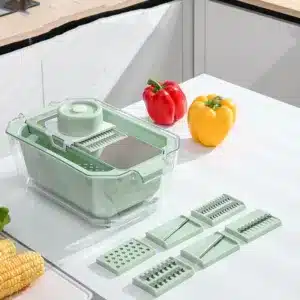 coupe légumes multifonction avec bac et plusieurs lames interchangeables