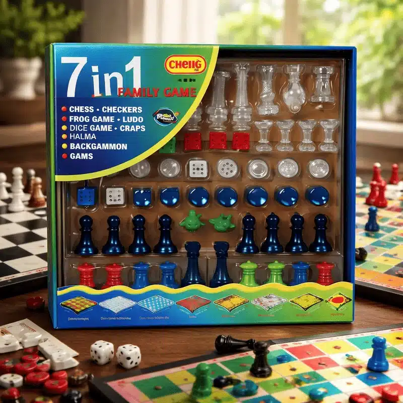 jeu-de-societe-7-en-1 Jeu de société 7 en 1 magnétique avec échecs, dames, backgammon, ludo, tic tac toe, serpents et échelles pour famille au Maroc