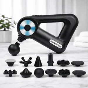 pistolet de massage musculaire noir avec 12 embouts de massage interchangeables