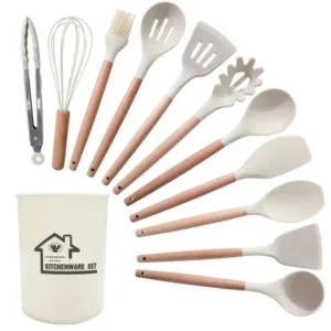 Set d’ustensiles de cuisine en silicone et bois 12 pièces