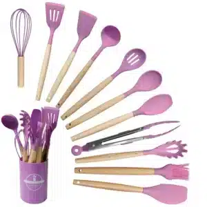 Set d’ustensiles de cuisine en silicone et bois 12 pièces