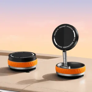 Support téléphone magnétique voiture 360° pliable avec base orange sur tableau de bord au Maroc