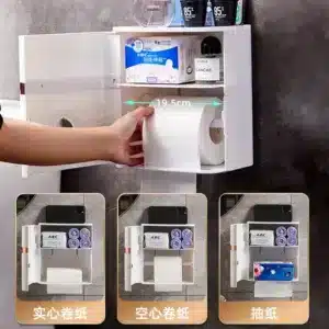 distributeur de papier toilette mural blanc avec rangement supérieur pour téléphone et accessoires dans une salle de bain moderne au maroc