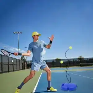 kit d’entraînement de tennis solo avec base bleue et balle reliée par corde élastique sur court de tennis au Maroc