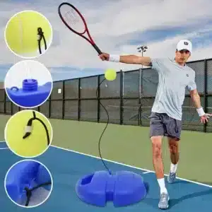kit d’entraînement de tennis solo avec base bleue et balle reliée par corde élastique sur court de tennis au Maroc