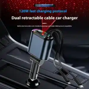 Chargeur Voiture 120W Ultra Rapide – Câbles Rétractables Type-C & Lightning + Multi Ports