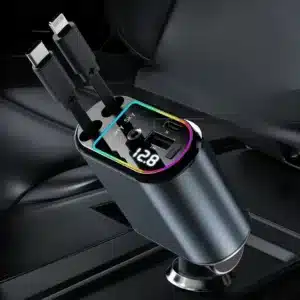 Chargeur Voiture 120W Ultra Rapide – Câbles Rétractables Type-C & Lightning + Multi Ports