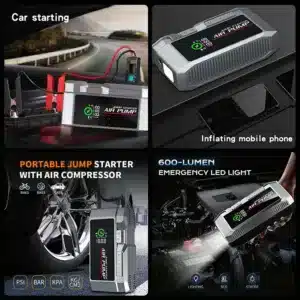 demarreur voiture 1200A maroc compresseur air portable jump starter batterie secours voiture
