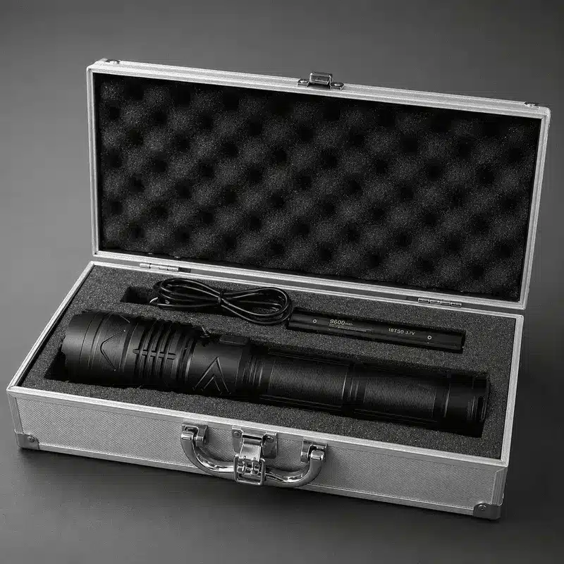 lampe-torche-led-rechargeable-ultra-puissante-avec-mallette Lampe Torche LED Rechargeable Ultra Puissante 100W Longue Portée