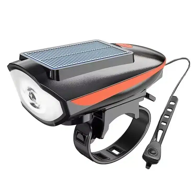 lampe-velo-solaire-led-rechargeable-avec-klaxon-orange Lampe vélo solaire LED rechargeable avec fixation guidon au Maroc