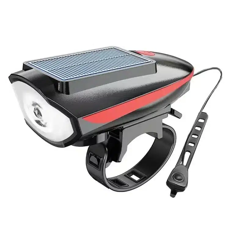 lampe-velo-solaire-led-rechargeable-avec-klaxon-rouge Lampe vélo solaire LED rechargeable avec fixation guidon au Maroc