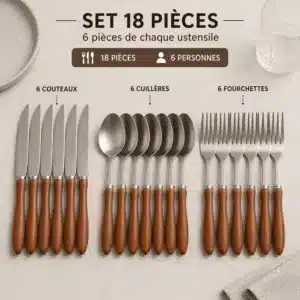 Set couverts Inox avec manche bois fourchette cuillere couteau maroc