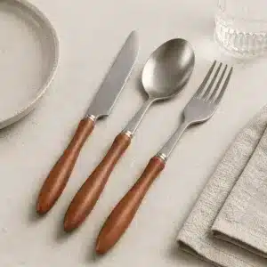 Set couverts Inox avec manche bois fourchette cuillere couteau maroc