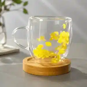 Tasse Double Paroi Fleur avec Support en Bois