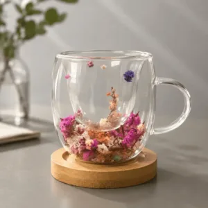 Tasse Double Paroi Fleur avec Support en Bois