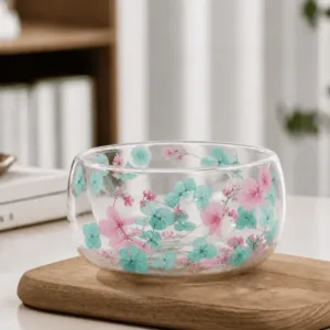 Bol en verre double paroi avec motifs floraux