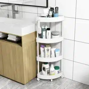 Étagère d’angle salle de bain à roulettes - blanc