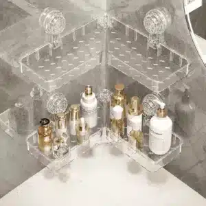 Étagère d’angle transparente à ventouses pour rangement salle de bain et douche