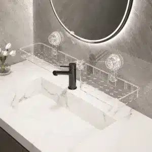 Étagère d’angle transparente à ventouses pour rangement salle de bain et douche