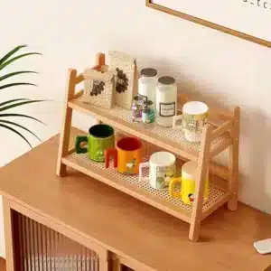 Étagère de rangement cuisine 2 niveaux effet bois pour organiser épices et tasses au Maroc