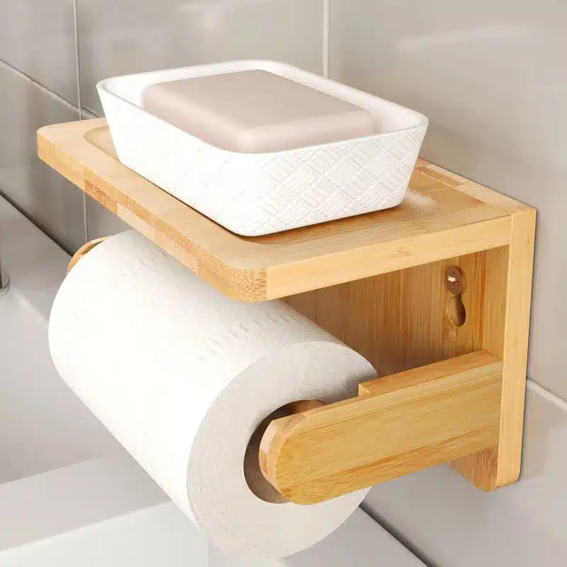 porte-papier-toilette-en-bambou-avec-etagere-1 Porte papier toilette mural en bambou avec étagère de rangement pour salle de bain