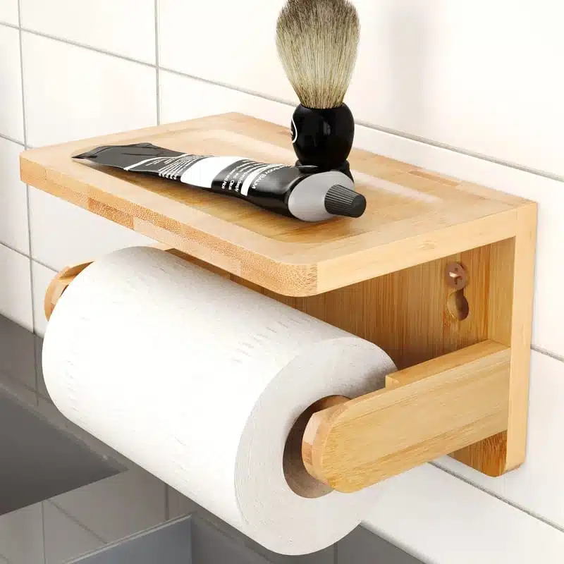 porte-papier-toilette-en-bambou-avec-etagere Porte papier toilette mural en bambou avec étagère de rangement pour salle de bain