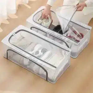 Boîte de rangement pour chaussures sous lit avec fenêtre transparente et fermeture zippée.