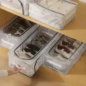 Boîte de rangement pour chaussures sous lit avec fenêtre transparente et fermeture zippée.