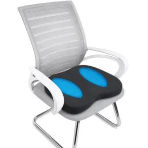Coussin lombaire ergonomique noir avec zones respirantes bleues pour soutien du dos en voiture ou au bureau.