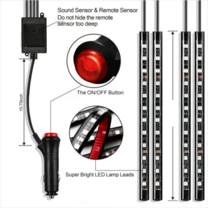 Kit Éclairage LED RGB Intérieur Voiture avec Télécommande – 4 Bandes LED