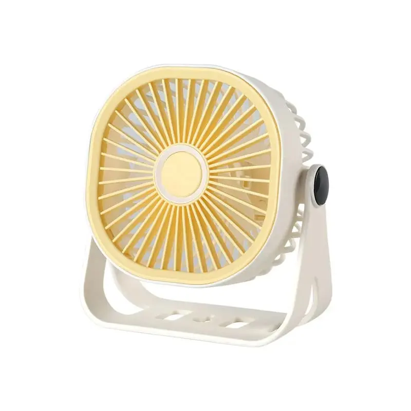 mini-ventilateur-de-bureau-rechargeable-jaune Mini ventilateur de bureau portable USB rechargeable avec support inclinable réglable.