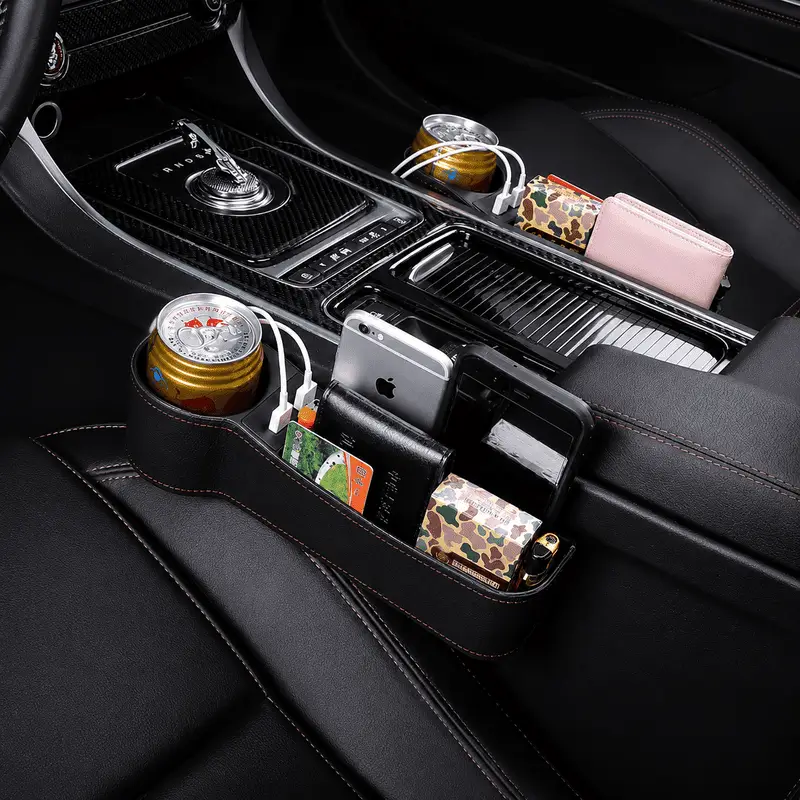 organisateur-de-siege-de-voiture-1 Organisateur de siège voiture noir avec porte-gobelet, rangement multifonction et double port USB.