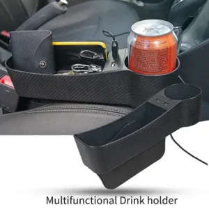 Organisateur de siège voiture noir avec porte-gobelet, rangement multifonction et double port USB.