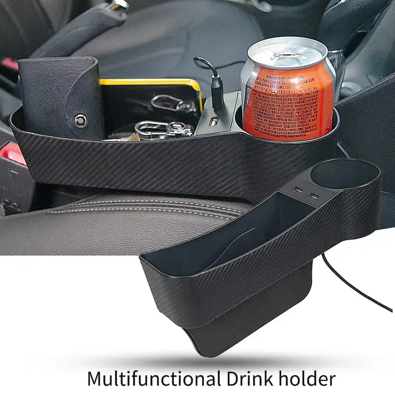 organisateur-de-siege-de-voiture-2 Organisateur de siège voiture noir avec porte-gobelet, rangement multifonction et double port USB.