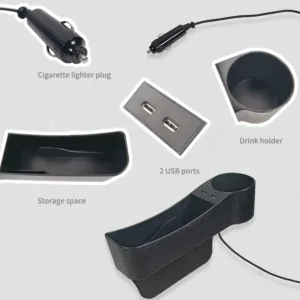 Organisateur de siège voiture noir avec porte-gobelet, rangement multifonction et double port USB.