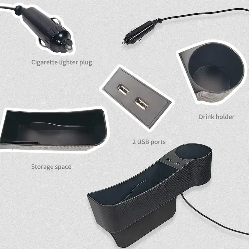 organisateur-de-siege-de-voiture-3 Organisateur de siège voiture noir avec porte-gobelet, rangement multifonction et double port USB.