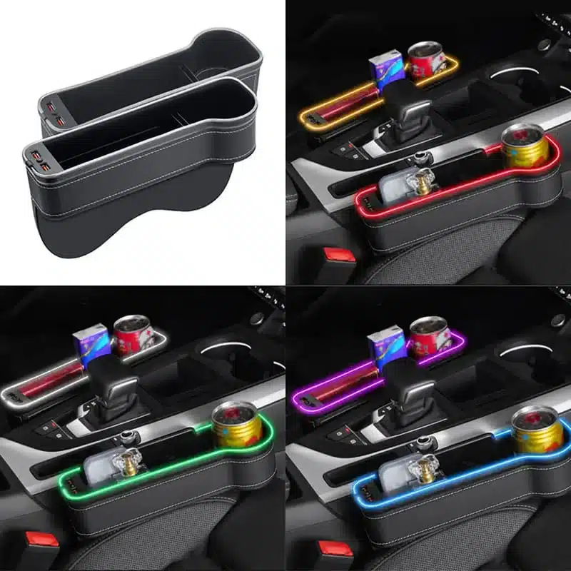 organisateur-de-siege-de-voiture-led-2 Organisateur de siège voiture LED noir avec porte-gobelet, rangement multifonction et double port USB.